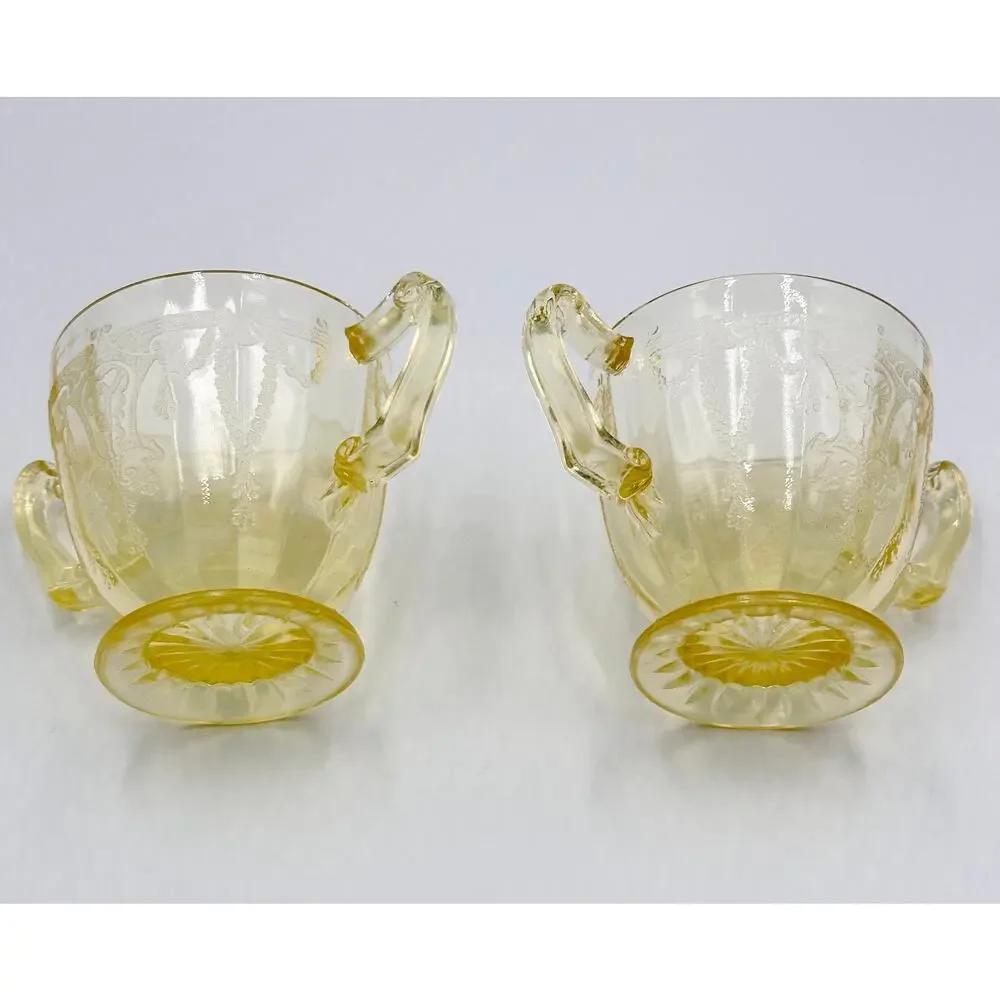 1930 Anchor Hocking Cameo Ballerina Vaseline Canary Glass Sugar Dessert Bowl Set